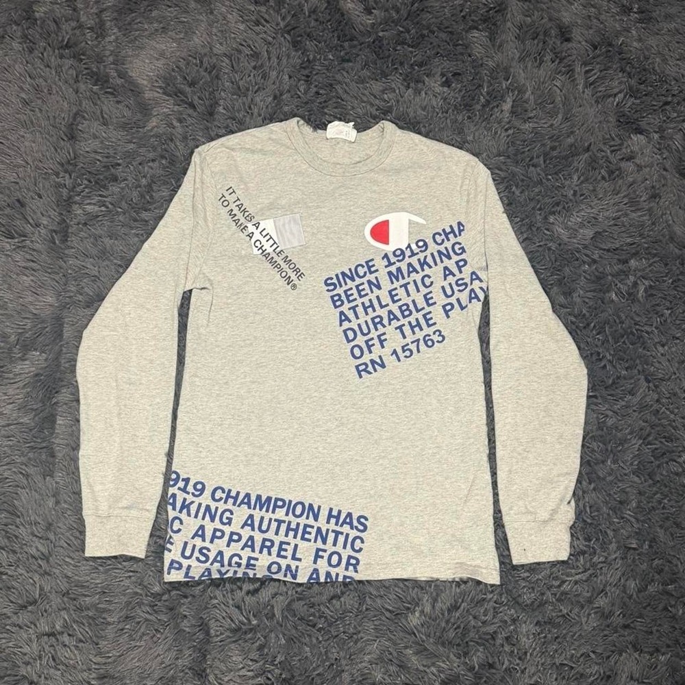 Champion Mens Gray Long Sleeve Graphic T-Shirt Blue Text Athletic Top